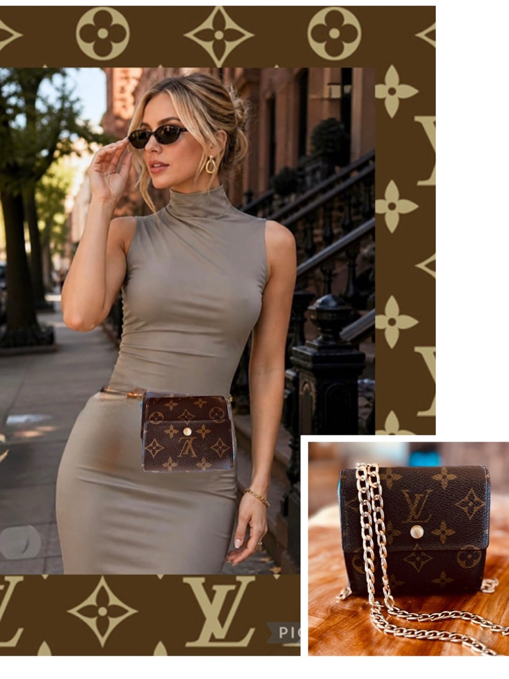 Louis Vuitton, Elise monogram, brown compact wallet and unbranded 47 inch chain